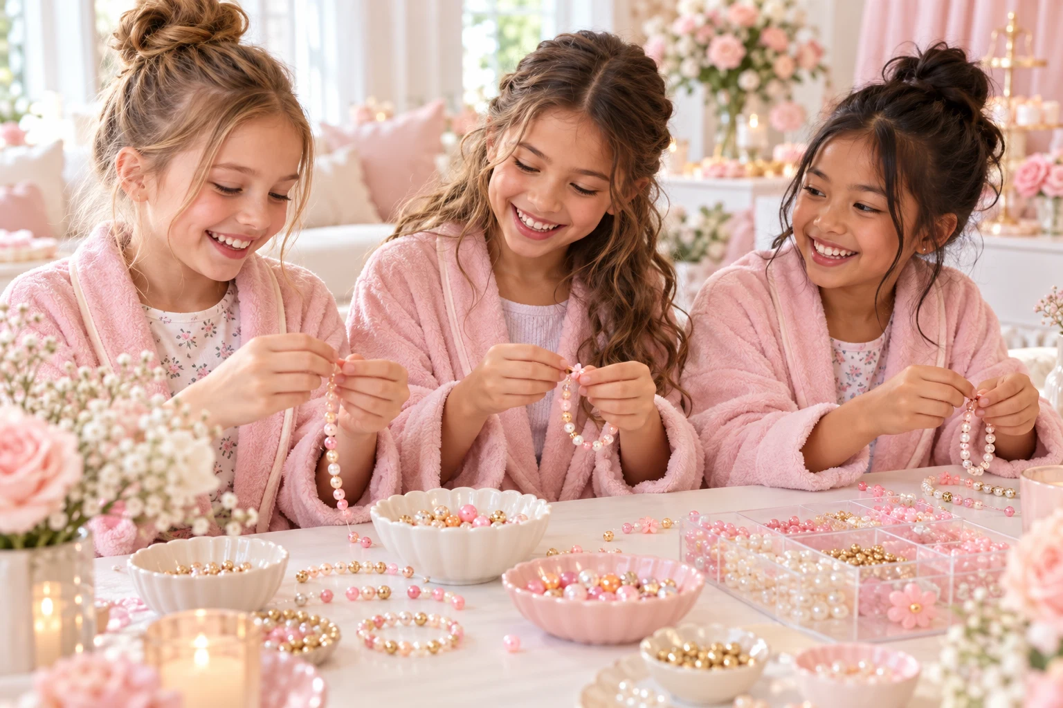 Children making pastel bead bracelets