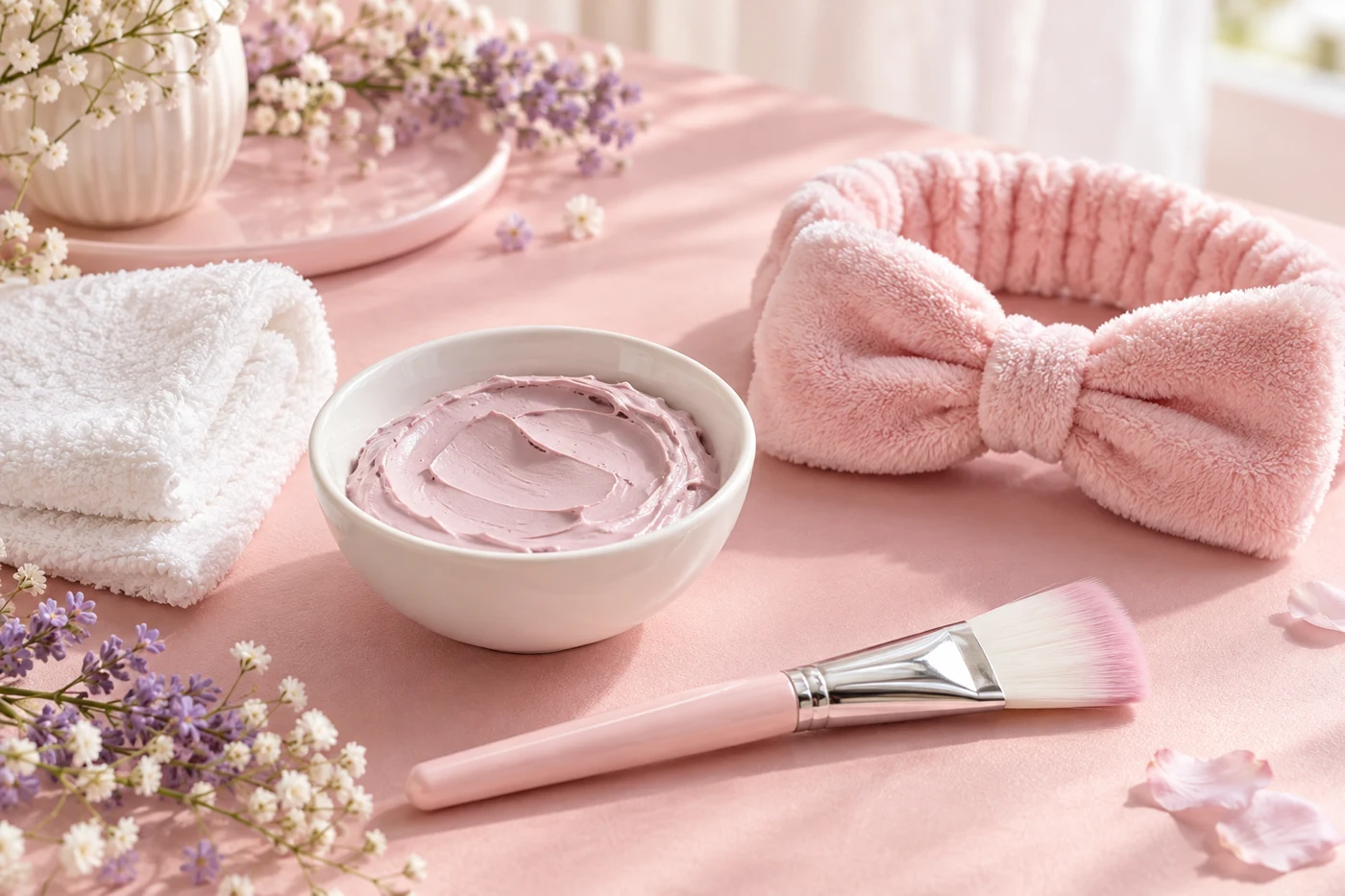 Illustrative clay face mask and soft pink headband