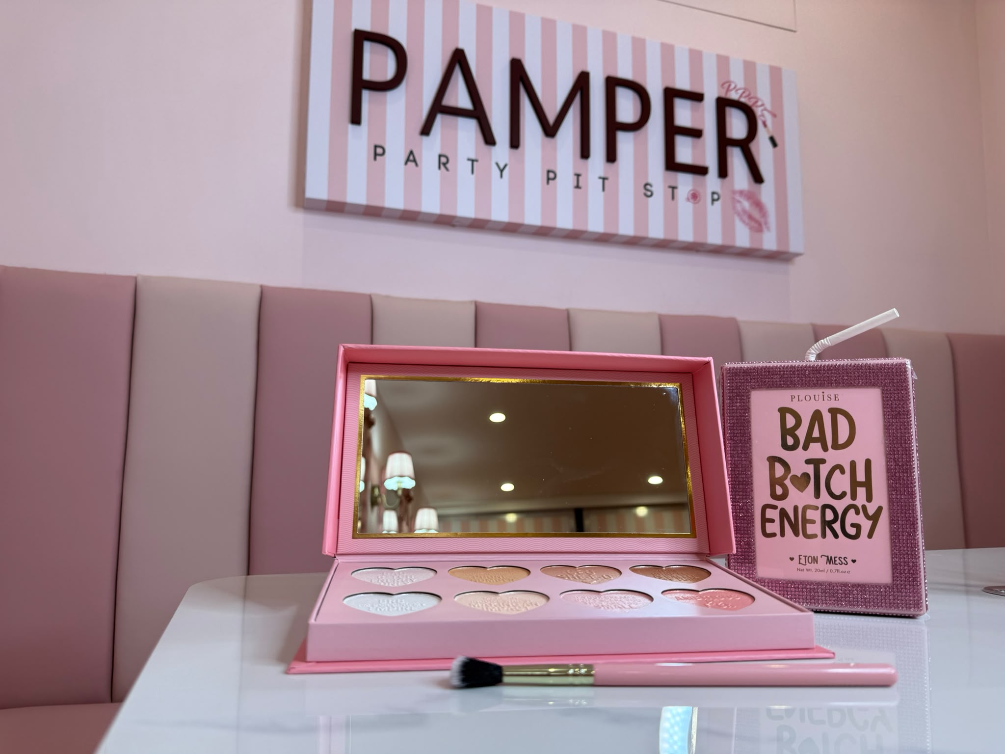 Pink makeup palette with mirror at Pamper Party Pit Stop